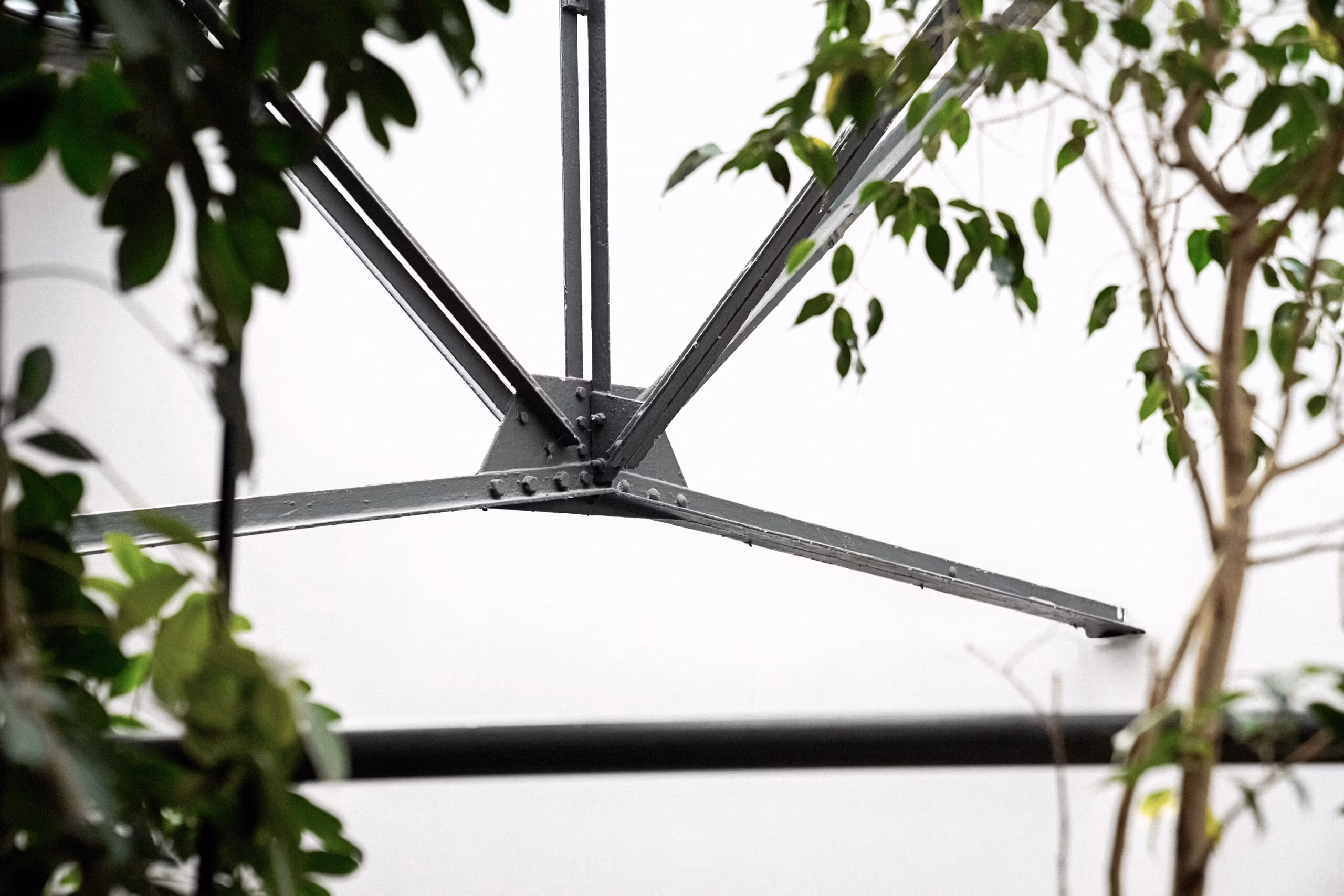 Détail technique assemblage poutrelles métalliques Eiffel rivetées avec végétation en arrière-plan, patrimoine industriel authentique pour création de contenus